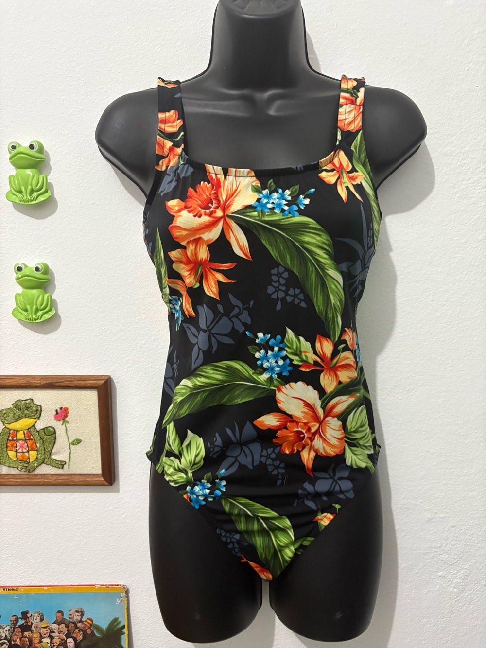 Vintage Women’s Black Tropical Floral One-Piece Swimsuit